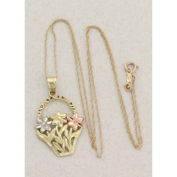 10k Yellow Gold White Gold Rose Gold Flower Basket Necklace 18" Chain - Picture 3 of 7